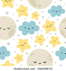 Moon, Cloud and Stars Cute Seamless Pattern, Cartoon Vector Illustration, Isolated Background