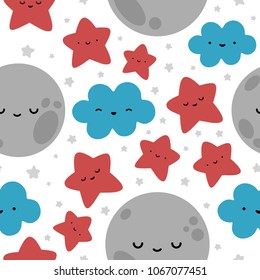 Moon, Cloud and Stars Cute Seamless Pattern, Cartoon Vector Illustration, Isolated Background