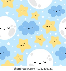 Moon, Cloud and Stars Cute Seamless Pattern, Cartoon Vector Illustration, Blue Background