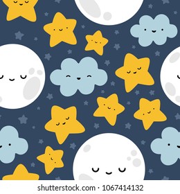 Moon, Cloud and Stars Cute Seamless Pattern, Cartoon Vector Illustration Night Sky Background