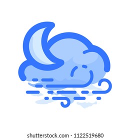 Moon, cloud and wind vector icon. Blue pictogram from set Weather forecast isolated on white background
