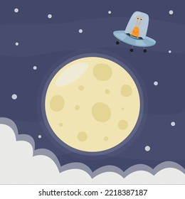 Moon in the clouds and the alien monster on a flying saucer. ildren s illustration of the solar system in a cartoon style