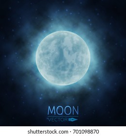 
Moon in Clouds. The Background of the Moon in the Starry Sky. Moonlight in the Night Sky. Vector Illustration.