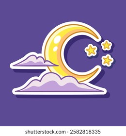 Moon with clouds cartoon illustration sticker. Vector Halloween decoration element. Halloween-themed element
