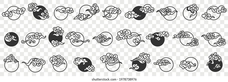 Moon with clouds doodle set. Collection of hand drawn various white and black full moon with clouds flying over in rows isolated on transparent background 