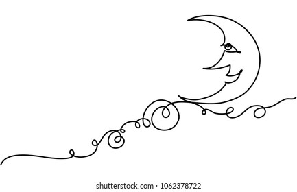Moon and clouds. Drawing by a continuous line