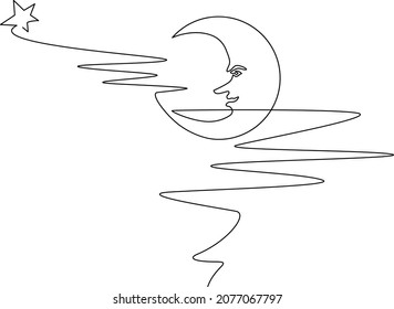 Moon in the clouds. Moon with a face. Christmas style. Retro style. Continuous line drawing. Vector illustration.