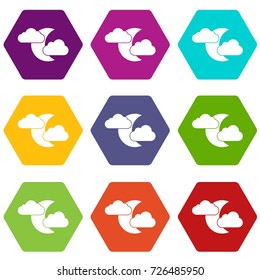 Moon and clouds icon set many color hexahedron isolated on white vector illustration