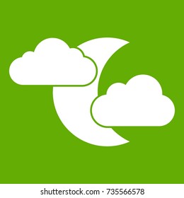 Moon and clouds icon white isolated on green background. Vector illustration
