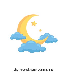 Moon with clouds isolated on white background.  Nighttime concept. Vector stock