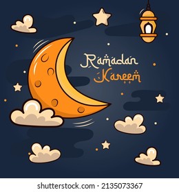 moon clouds and lanterns perfect for celebrating ramadan hand draw style