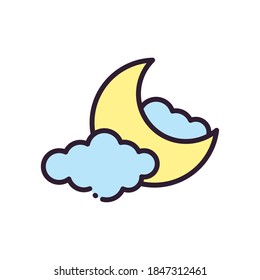 Moon With Clouds Line And Fill Style Icon Of Night Bedtime Sky Space Moonlight Nature Light Lunar And Science Theme Vector Illustration