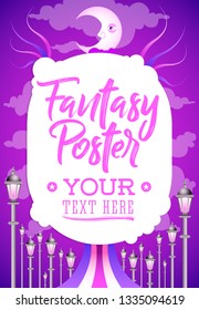 Moon and Clouds Night Fantasy Conceptual Poster Template, vector illustration design