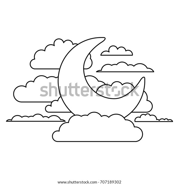 moon and clouds in night landscape\
sketch silhouette on white background vector\
illustration