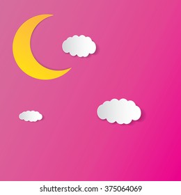 Moon, clouds on the background fabric with polka dots. Children sweet vector background of the night sky with place for text. EPS 10