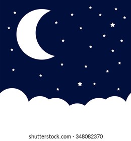 Moon with clouds on blue star background. Vector design. 