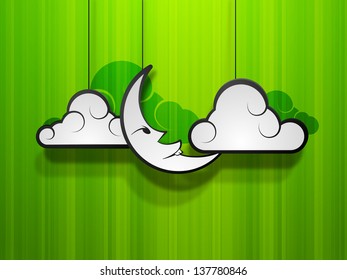 Mond mit Wolken auf grünem abstraktem Hintergrund, Konzept für die muslimische Gemeinschaft heiligen Festival Eid Mubarak.