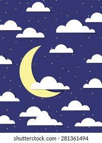 Moon and clouds over dark blue sky with stars