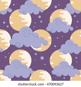 Moon in clouds pattern for chinese mid autumn festival. Children's room decoration seamless pattern. Vector illustration for textile, print, wallpaper.