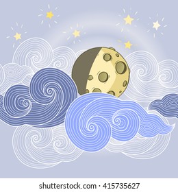Moon and clouds seamless border - vector illustration