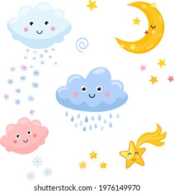 Moon and clouds with snow and rain. Design of vector illustrations for postcards.Cartoon vector illustration.