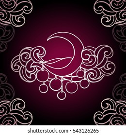 The moon in clouds and spheres.Vintage vector illustration