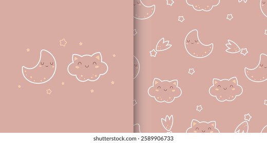 Moon, clouds and star cute seamless pattern on brown background. With emotion. For wallpaper, wrapping paper, fabric, nursery etc. Vector illustration