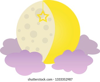 Moon in the clouds with a star hanging on it