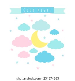 Moon, clouds, stars and banner for text. Childish background. Vector illustration for design