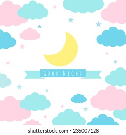 Moon, clouds, stars and banner for text. Childish vector background for design