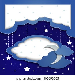 Moon, clouds and stars. Cartoon style night sky