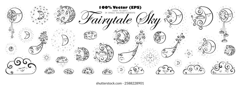 Moon, clouds, stars, and comets, set of 34 single hand-drawn doodle elements. Cute vector illustrations, easy to edit, perfect for printing