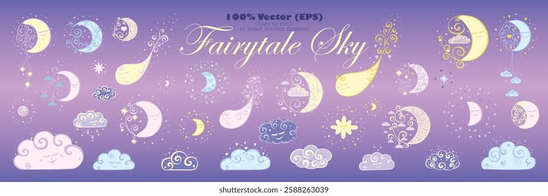 Moon, clouds, stars, and comets, set of 34 isolated colorful hand-drawn doodle elements for children. Cute vector illustrations, easy to edit, perfect for printing