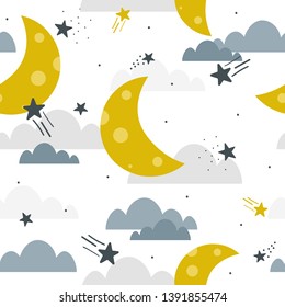 Moon, clouds and stars, hand drawn backdrop. Colorful seamless pattern, sky. Decorative cute wallpaper, good for printing. Overlapping colored background vector. Design illustration