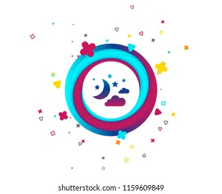 Moon, clouds and stars icon. Sleep dreams symbol. Night or bed time sign. Colorful button with icon. Geometric elements. Vector