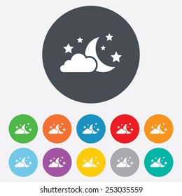 Moon, Clouds And Stars Icon. Sleep Dreams Symbol. Night Or Bed Time Sign. Round Colourful 11 Buttons. Vector