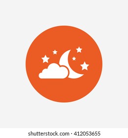 Moon, clouds and stars icon. Sleep dreams symbol. Night or bed time sign. Orange circle button with icon. Vector