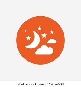 Moon, clouds and stars icon. Sleep dreams symbol. Night or bed time sign. Orange circle button with icon. Vector