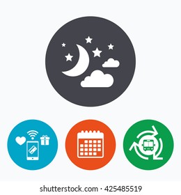 Moon, clouds and stars icon. Sleep dreams symbol. Night or bed time sign. Mobile payments, calendar and wifi icons. Bus shuttle.