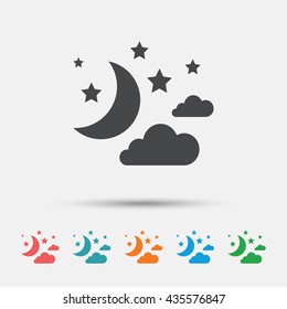 Moon, clouds and stars icon. Sleep dreams symbol. Night or bed time sign. Graphic element on white background. Colour clean flat moon icons. Vector