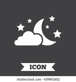 Moon, clouds and stars icon. Sleep dreams symbol. Night or bed time sign. Graphic design element. Flat night symbol on dark background. Vector