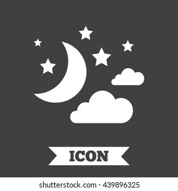 Moon, clouds and stars icon. Sleep dreams symbol. Night or bed time sign. Graphic design element. Flat moon symbol on dark background. Vector