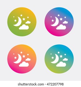 Moon, clouds and stars icon. Sleep dreams symbol. Night or bed time sign. Gradient flat buttons with icon. Modern design. Vector