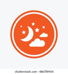 Moon, clouds and stars icon. Sleep dreams symbol. Night or bed time sign. Graphic design element. Flat moon symbol on the round button. Vector
