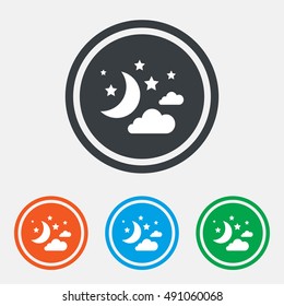 Moon, clouds and stars icon. Sleep dreams symbol. Night or bed time sign. Graphic design web element. Flat moon symbol on the round button. Vector