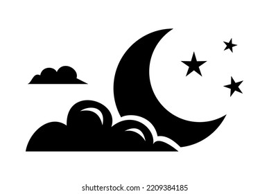 Moon with Clouds and Stars Illustration. Halloween night sticker. Cartoon illustration for decorations