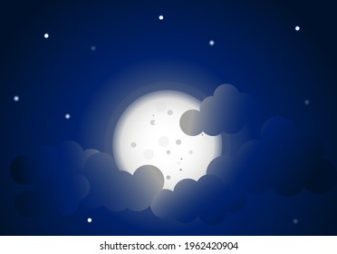 Moon with clouds and stars in the night sky. Vector illustration.