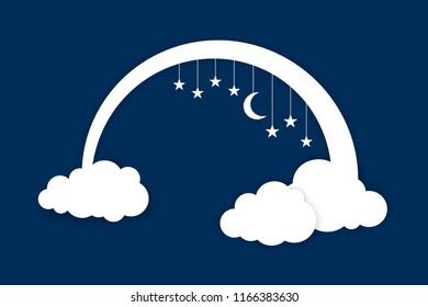 Moon, clouds and stars. Night vector illustration background.