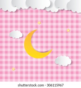 Moon, clouds and stars on the background fabric with polka dots. Children sweet vector background of the night sky with place for text. EPS 10