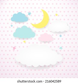 Moon, clouds and stars on the fabric with polka dots. Children vector background of the night sky with place for text